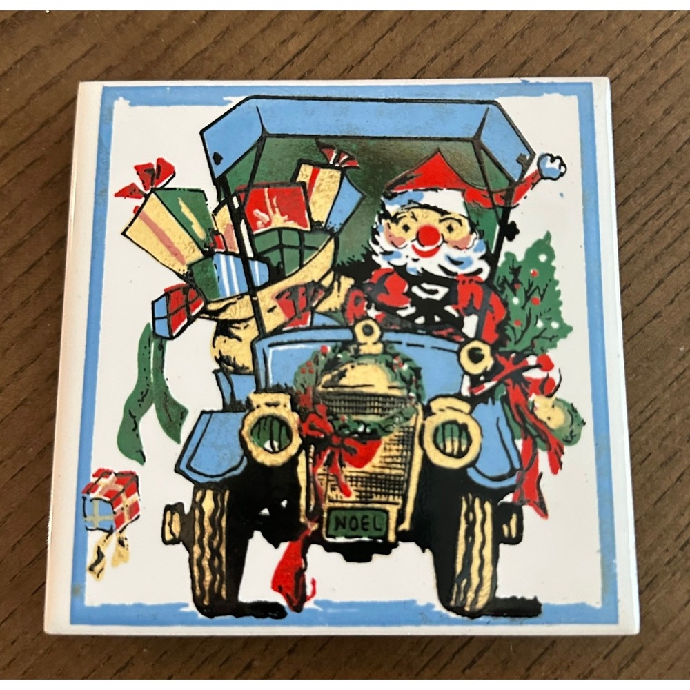 Vintage Santa Claus Driving Antique Car Ceramic Tile Coaster Holiday Decor Noel